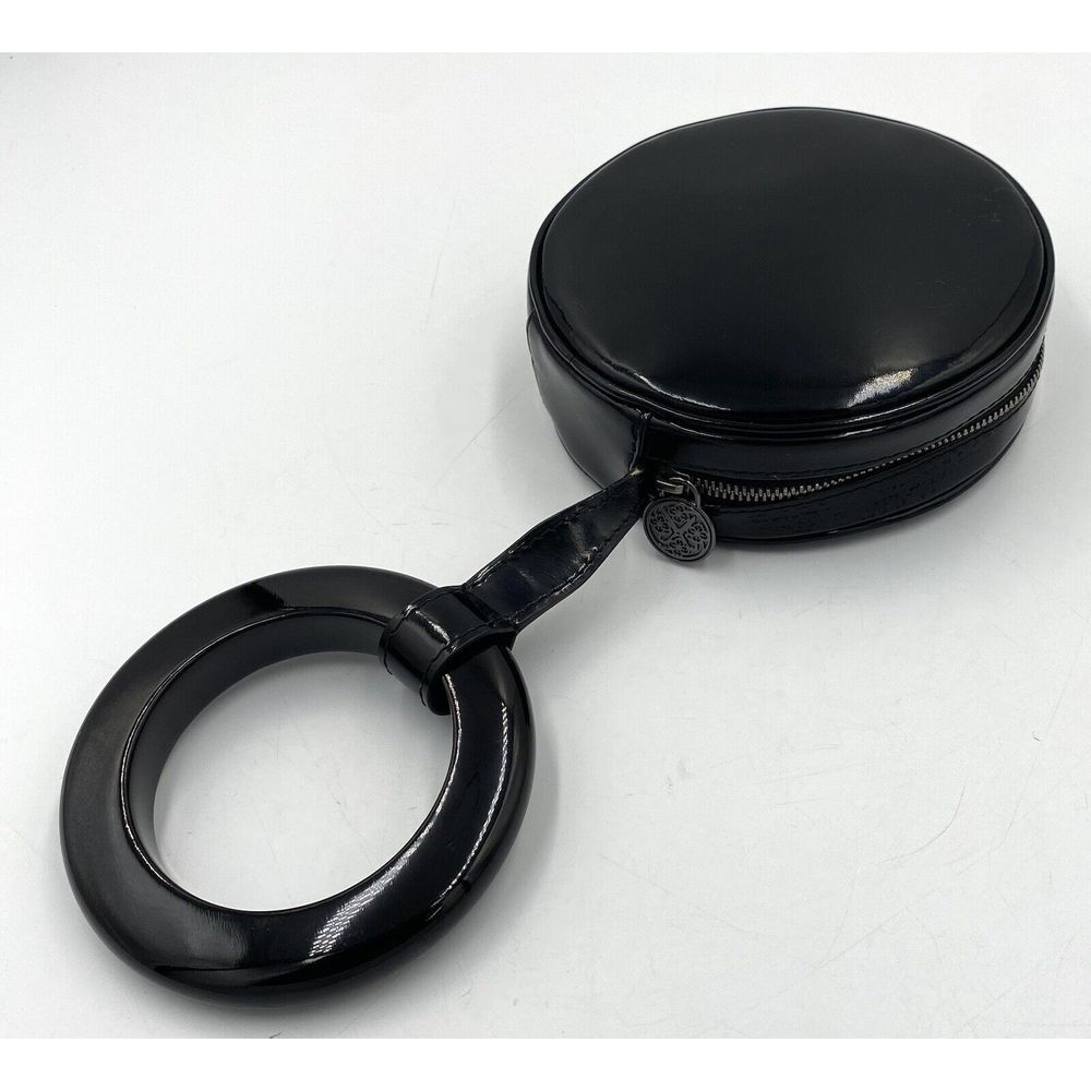 Perrin Paris Patent Leather Round Circle Wrist Bracelet Bag Black